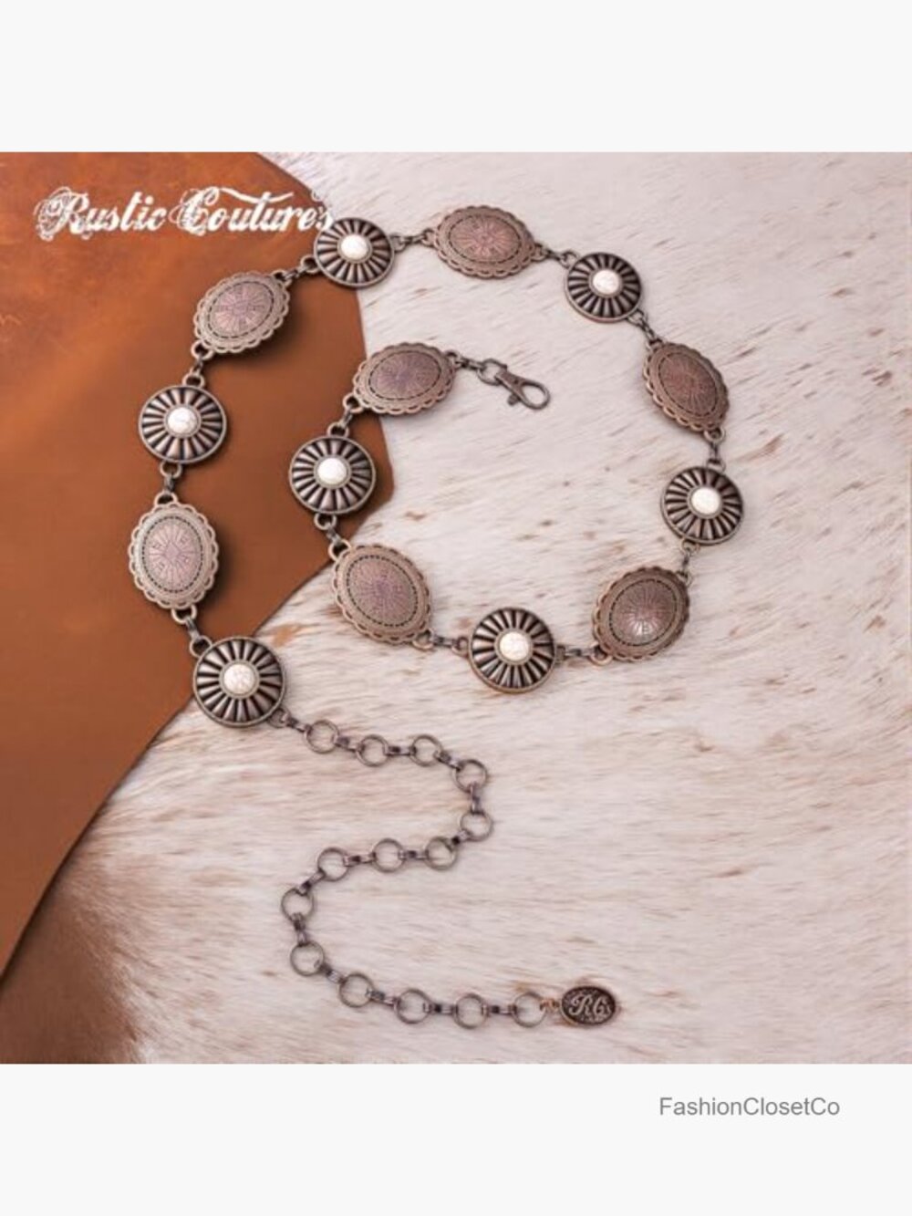Large Western Concho Metal Chain Belt Adjustable Lobster Claw - Picture 4 of 4